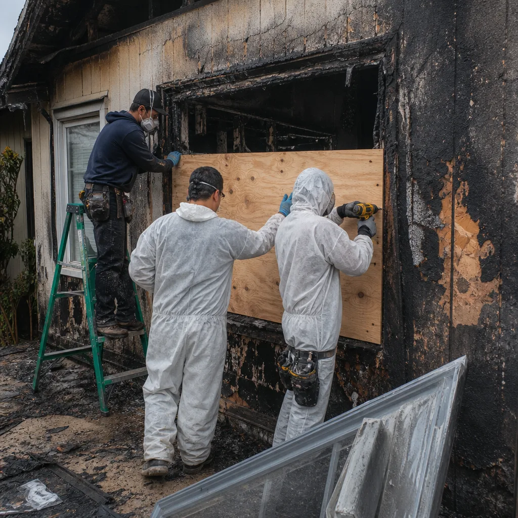Technicians performing fire and smoke damage restoration on a burnt home.