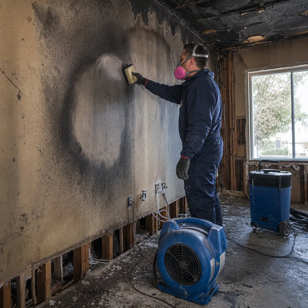 Technician performing professional fire and smoke damage restoration on a wall.