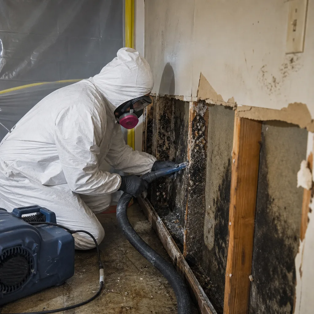 Professional in hazmat suit performing mold remediation with vacuum equipment