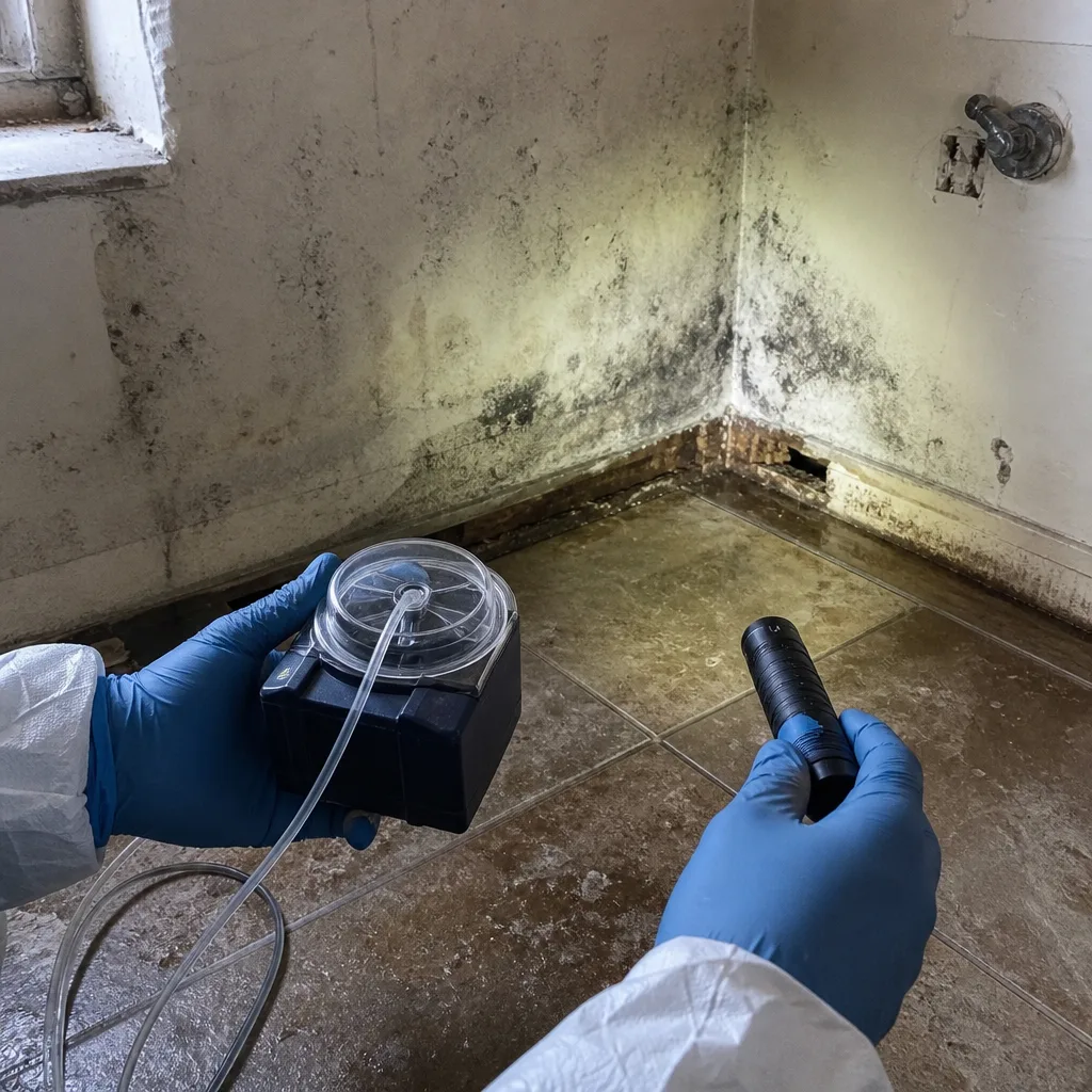 Professional technician conducting mold spore air quality testing with specialized equipment.