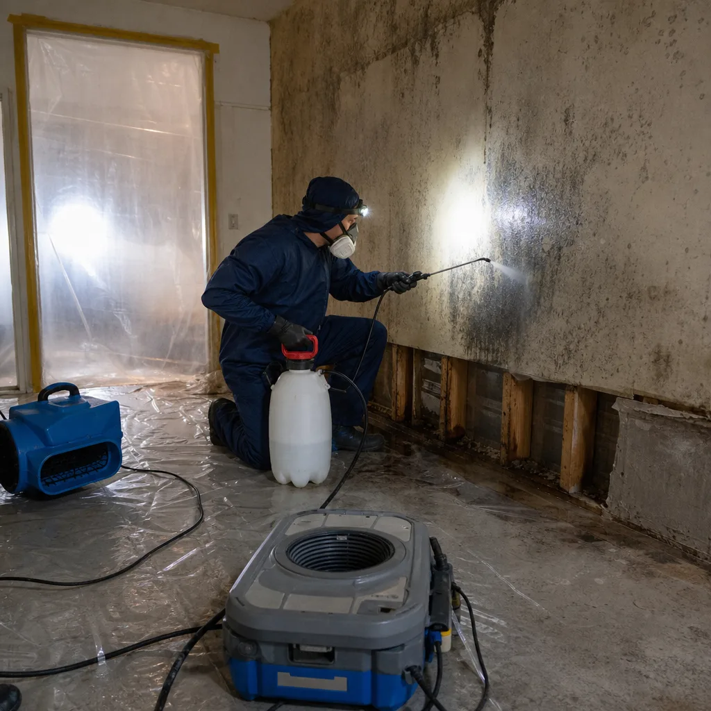 Technician in protective gear performing professional mold remediation on a wall