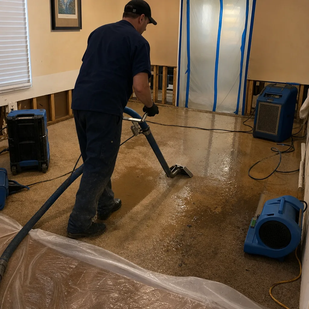 Water damage restoration professional extracting standing water from a flooded room.